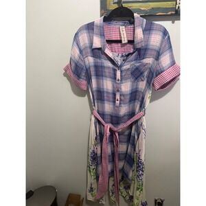 Aratta Silent Journey Mixed Media High low Plaid Floral Shirt Dress